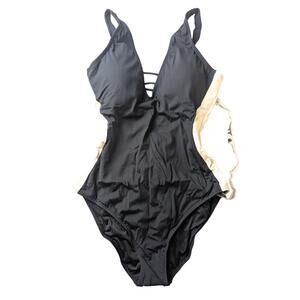 TA3 Plungey Contour One Piece Swimsuit Black Lace Up Sculpting Slimming XL